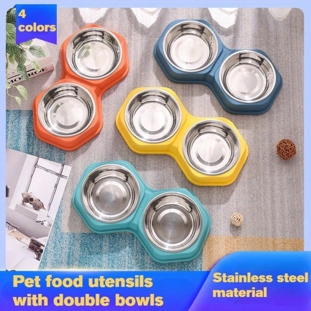 Double Bowl Pet Feeder Non Slip Base Durable PP Stainless Steel Easy