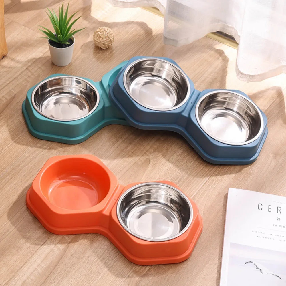 Double Bowl Pet Feeder Non Slip Base Durable PP Stainless Steel Easy