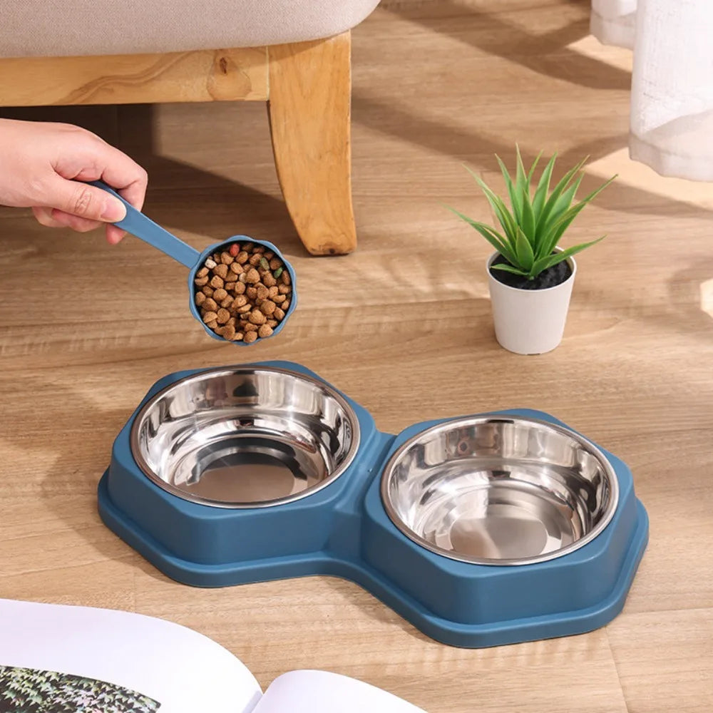 Double Bowl Pet Feeder Non Slip Base Durable PP Stainless Steel Easy