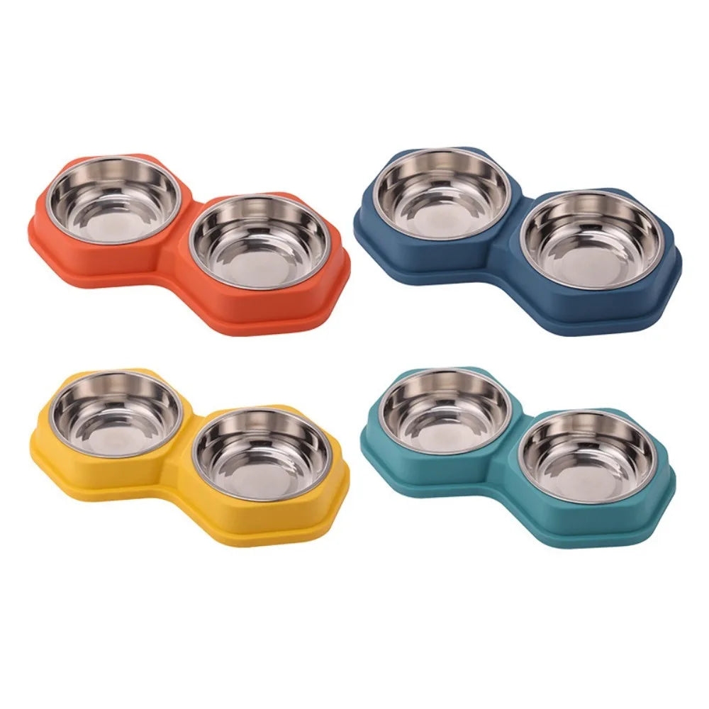 Double Bowl Pet Feeder Non Slip Base Durable PP Stainless Steel Easy