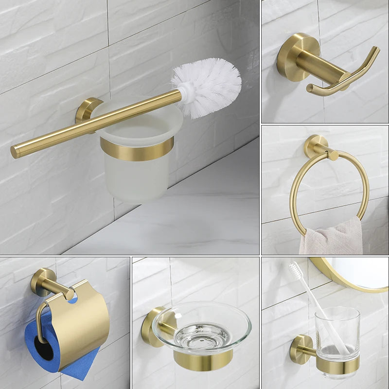 Bathroom Hardware Set Brushed Gold Toilet Brush Holder Robe Hook