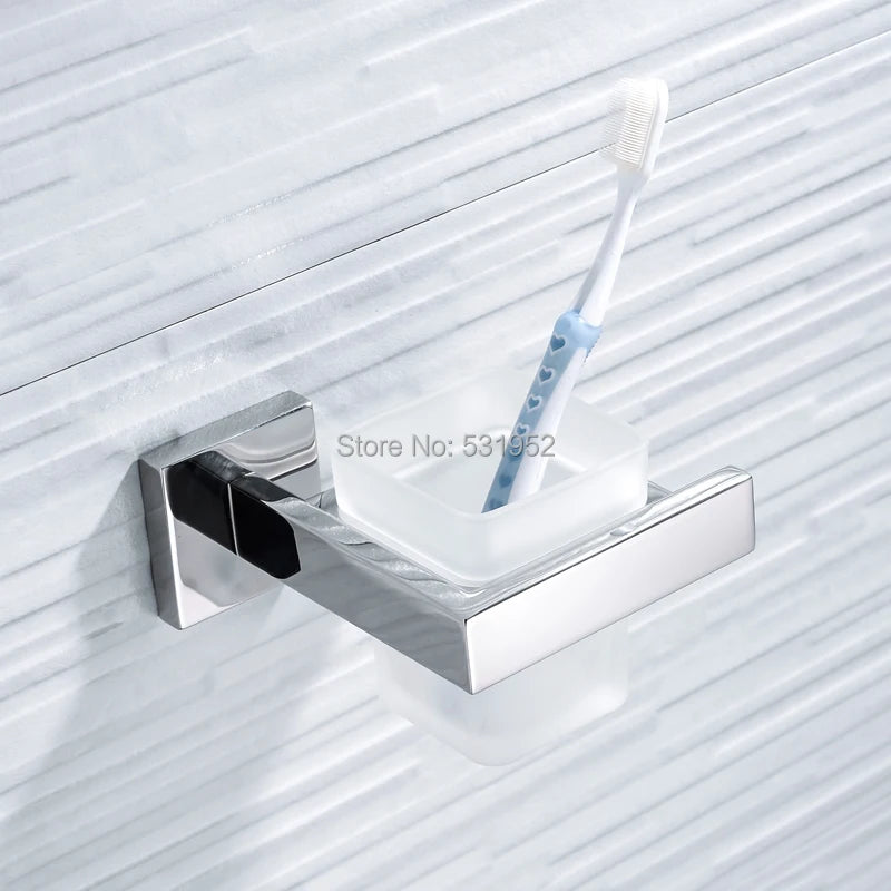 Brushed Gold Toothbrush Cup Holder With Glass Cup Stainless Steel