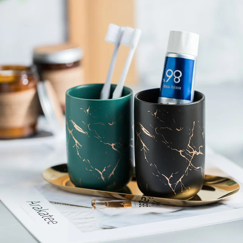Creative Marbled Gold Plated Mouthwash Cup Couple Toothbrush Holder