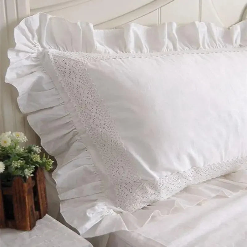 2 Pieces White Satin Lace Ruffle Pillow Case European Style Elegant Embroidered Pillowcase Luxury Bedding Pillow Cover