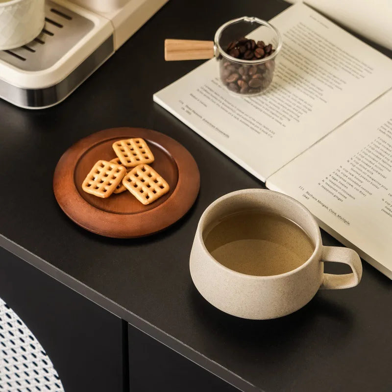 Coarse Pottery Ceramic Coffee Cup with Wooden Saucer 240ml Afternoon