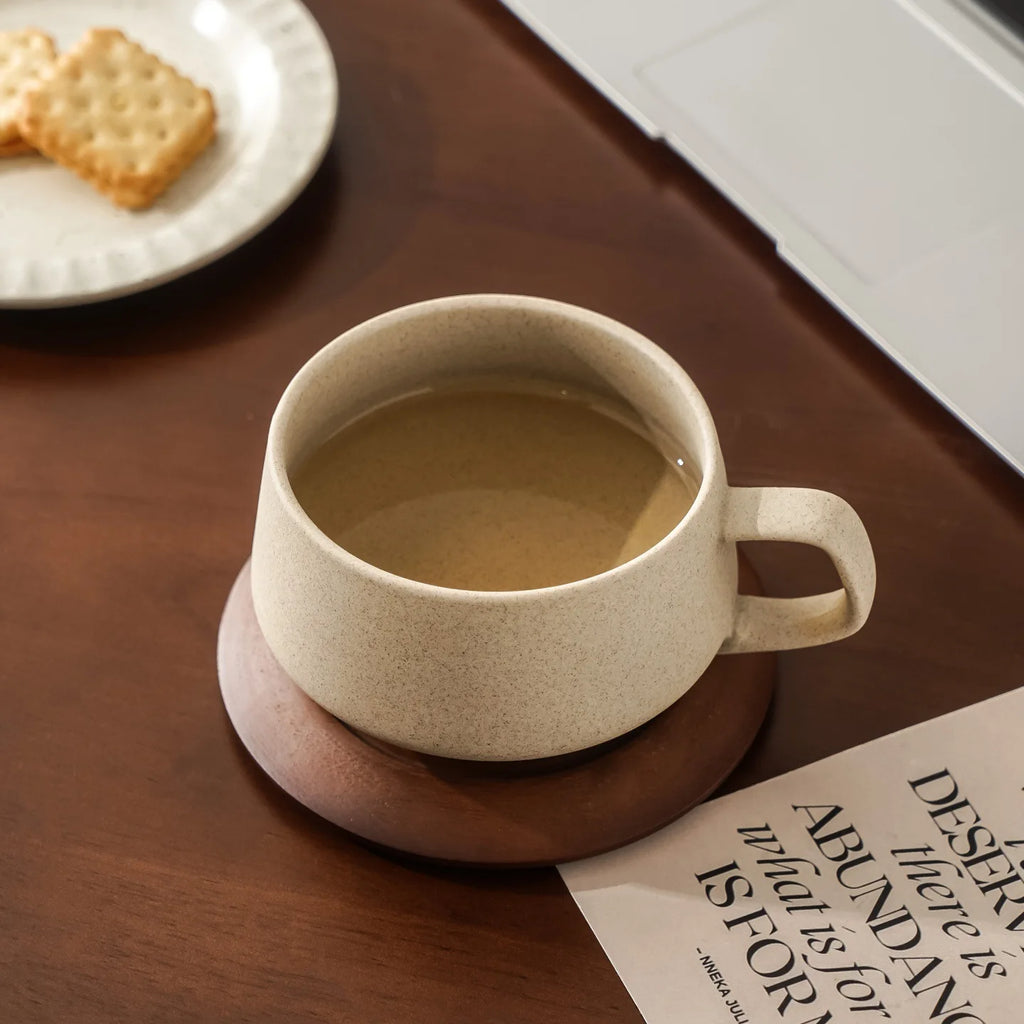 Coarse Pottery Ceramic Coffee Cup with Wooden Saucer 240ml Afternoon