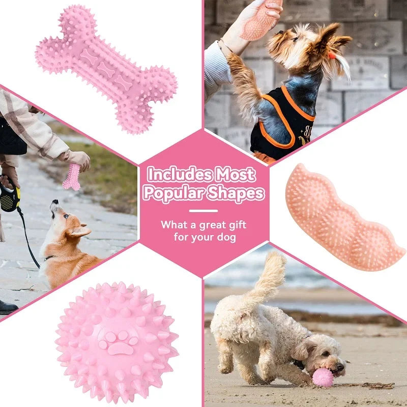 Dog Chew Toys for Cleaning Teeth Pink Soft Rubber Bone Funny Ball