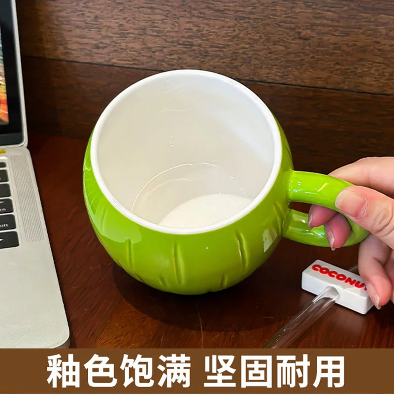 Coconut Shaped Mug Cute Drinking Cup With Lid and Straw Drinkware