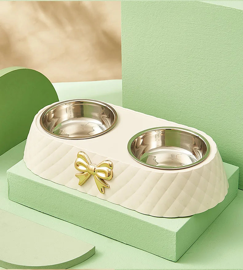 Pet Cat Food Bowl PP Base Bow-tie Bowknot Cat Feeder Stainless Steel