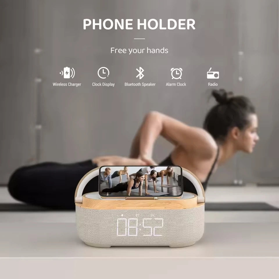 Portable Bluetooth Speaker Wireless Charging FM Radio Alarm Clock