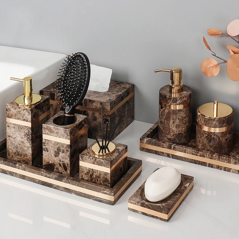 Emperador Dark Natural Marble Bathroom Set Luxury Stone Toothbrush