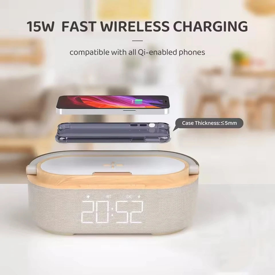 Portable Bluetooth Speaker Wireless Charging FM Radio Alarm Clock