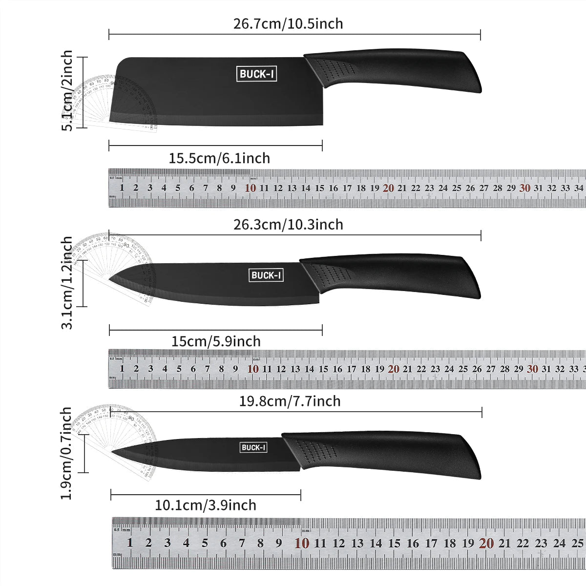 Kitchen knife set, including cleaver, chef's knife, and fruit knife