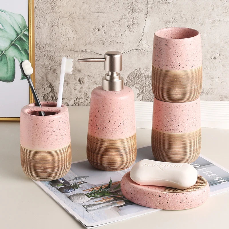 Pink ceramic toothbrush holder, mouth cup tooth cup soap dish