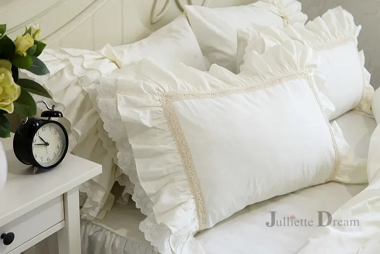 2 Pieces White Satin Lace Ruffle Pillow Case European Style Elegant Embroidered Pillowcase Luxury Bedding Pillow Cover