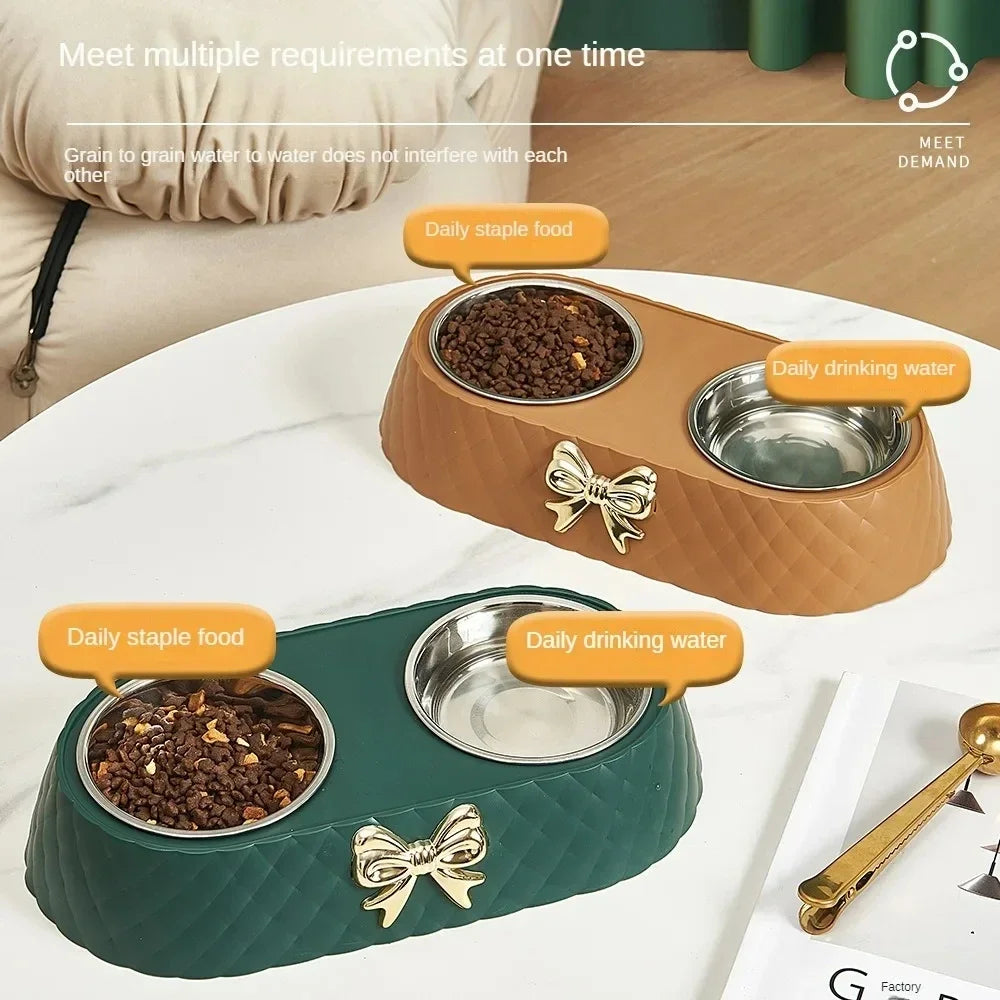 Pet Cat Food Bowl PP Base Bow-tie Bowknot Cat Feeder Stainless Steel