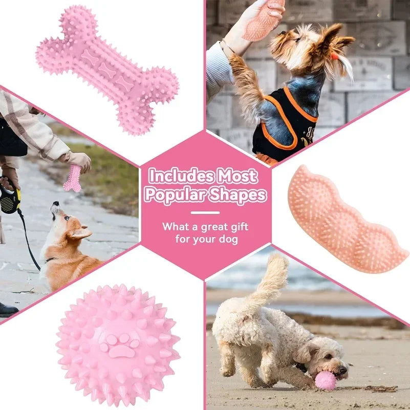 Dog Chew Toys for Cleaning Teeth Pink Soft Rubber Bone Funny Ball
