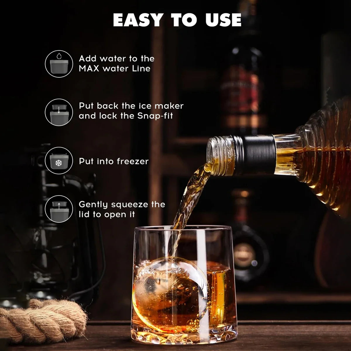 Clear Ice Cube Maker Ice Tray 4 Large Balls Bartender-Quality Ice