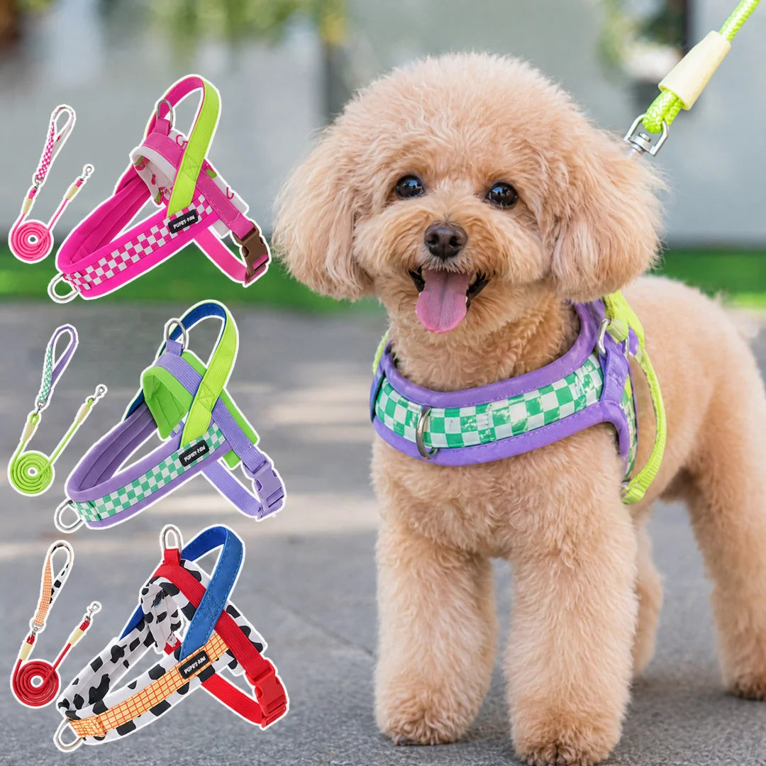 Dog Harness and Leash Set, Saddle Style Plaid Adjustable Puppy Vest
