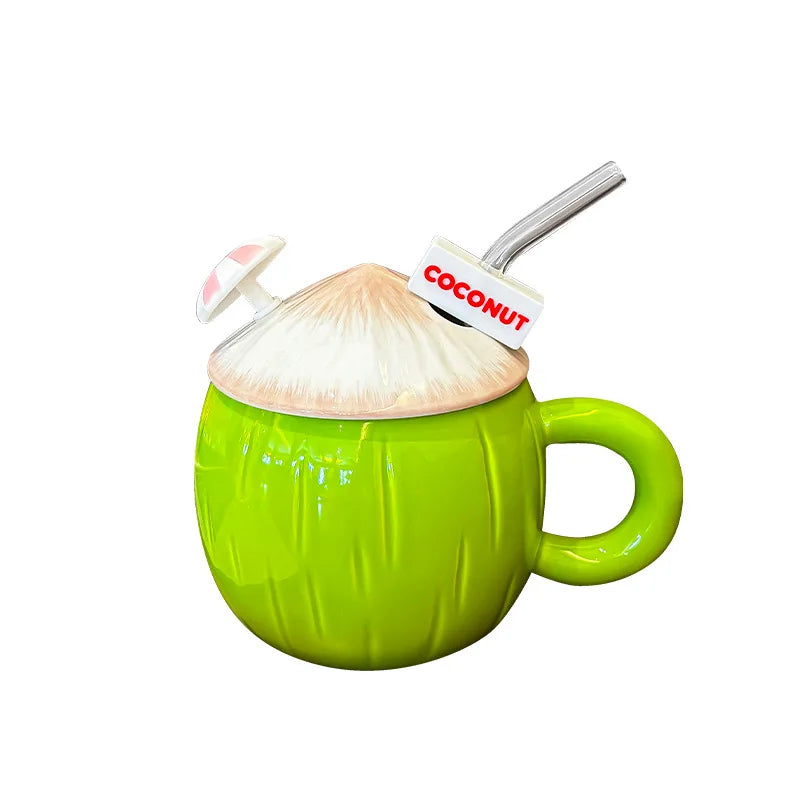 Coconut Shaped Mug Cute Drinking Cup With Lid and Straw Drinkware