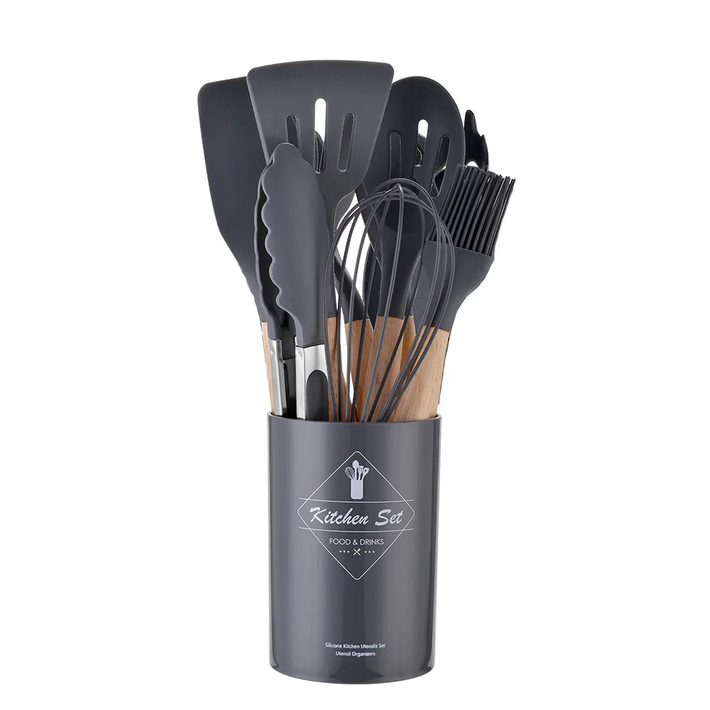 12-Piece Silicone Utensil Set, Wooden Handles