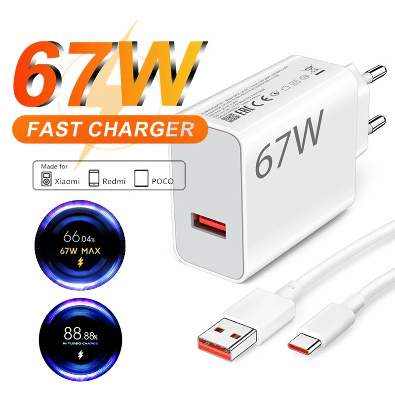67W 6A Turbo Fast USB Charger For Xiaomi 12 13 14 15 17 Pro Redmi