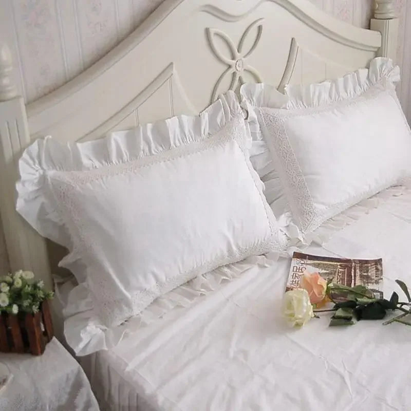 2 Pieces White Satin Lace Ruffle Pillow Case European Style Elegant