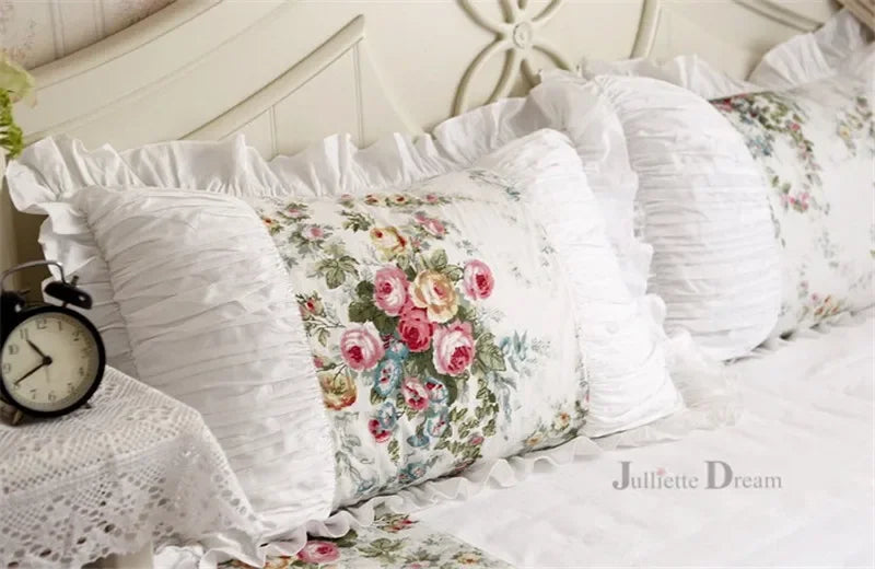 2 Pieces White Satin Lace Ruffle Pillow Case European Style Elegant Embroidered Pillowcase Luxury Bedding Pillow Cover