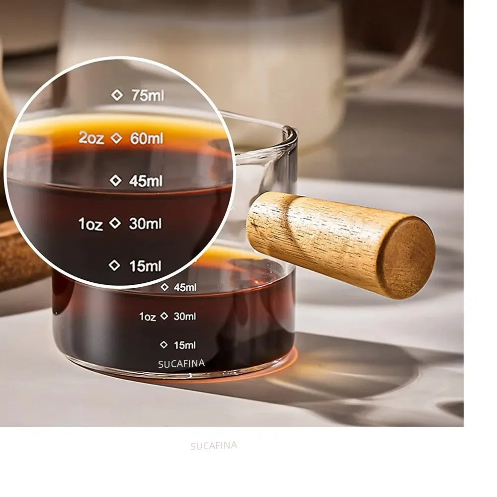 1pc Glass Measuring Cup Wood Handle Glass Espresso Measuring Cup Double Single Mouth Milk Coffee Clear Mug Coffee Supplies