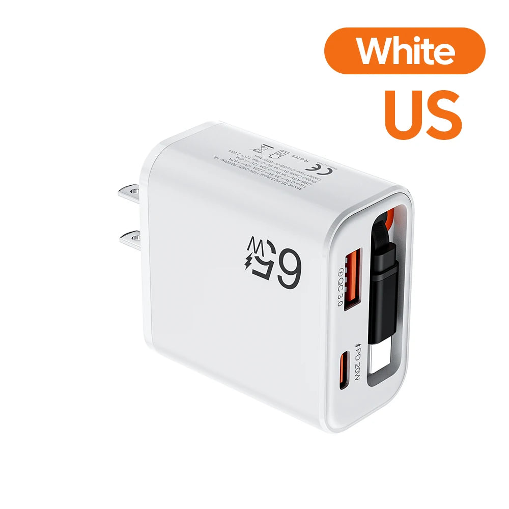 65W USB Phone Charger With Retractable Super Fast Charging Type C