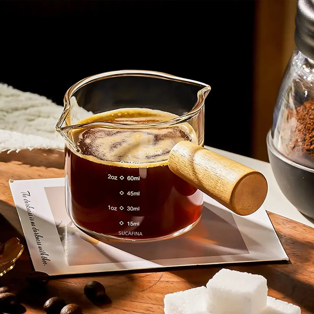 1pc Glass Measuring Cup Wood Handle Glass Espresso Measuring Cup