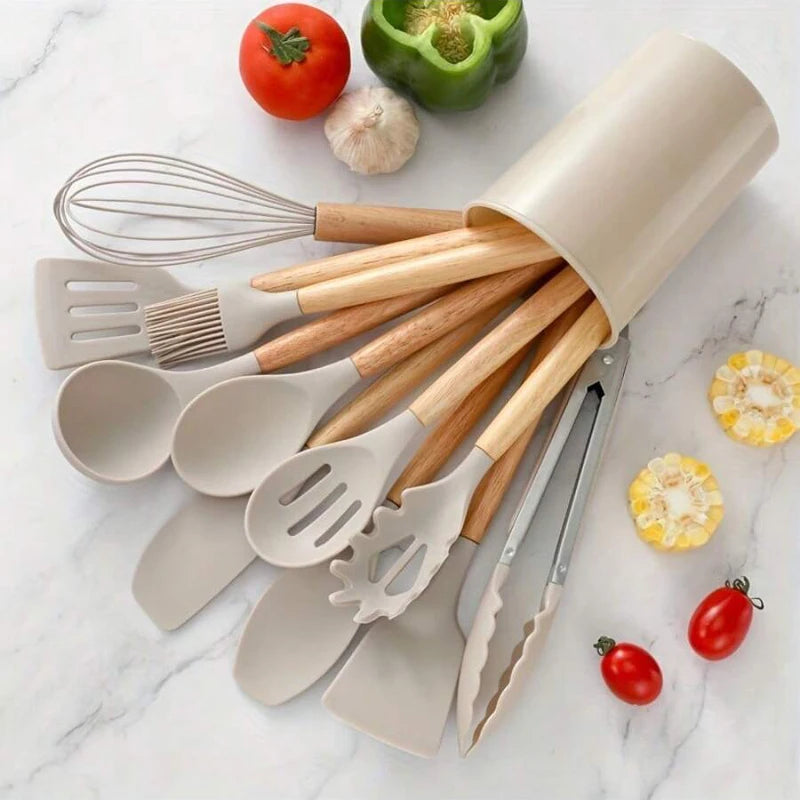 12-Piece Silicone Utensil Set, Wooden Handles