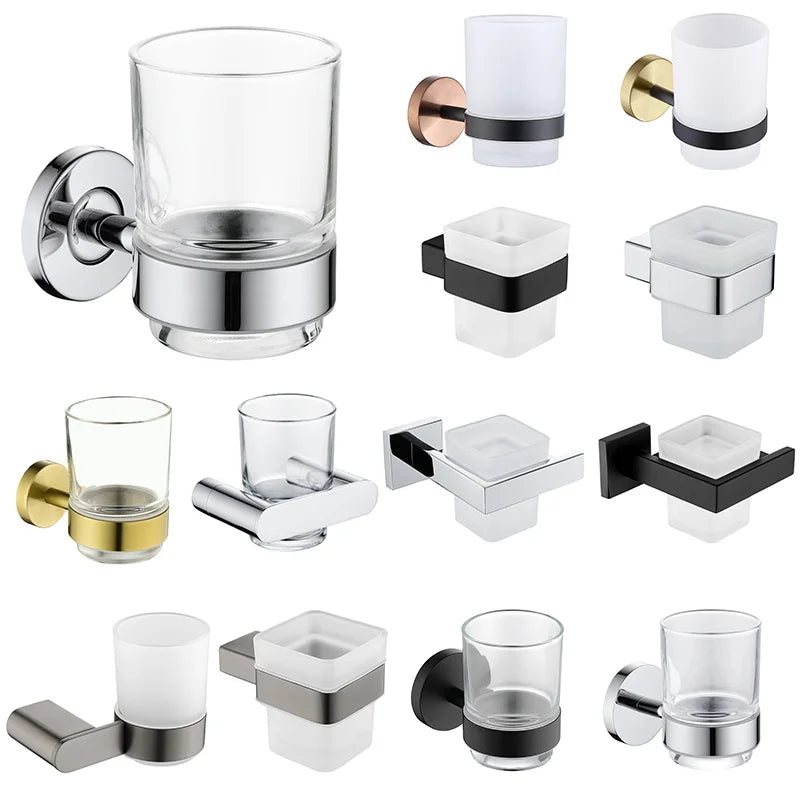 Brushed Gold Toothbrush Cup Holder With Glass Cup Stainless Steel