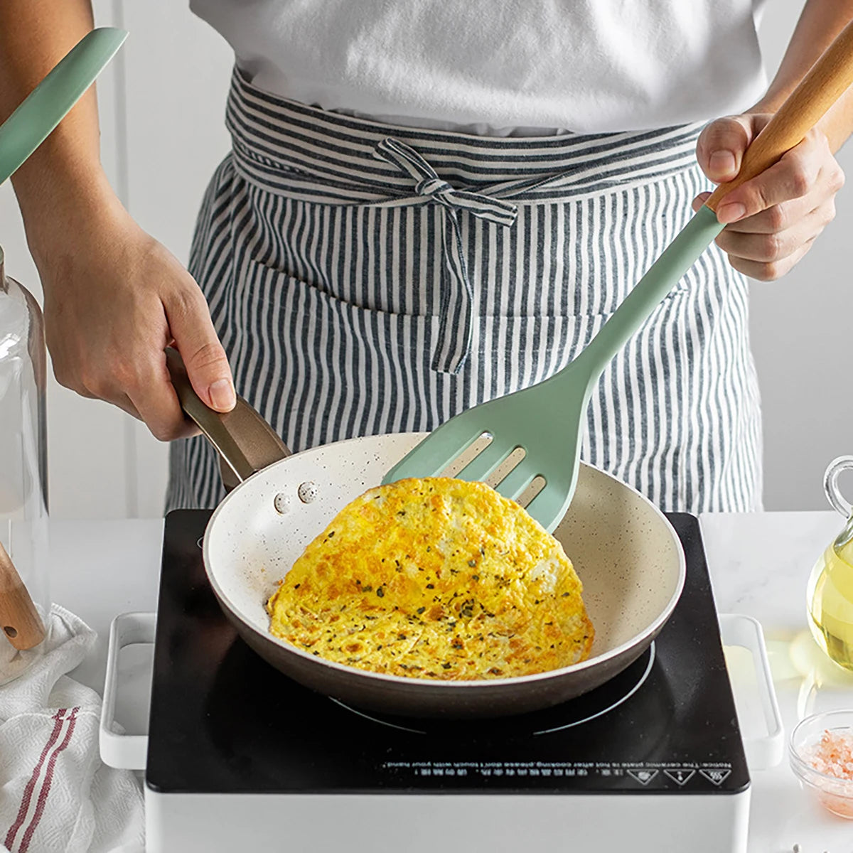 5pcs Silicone Kitchen Utensils Set Wooden Handle Non-stick Spatula
