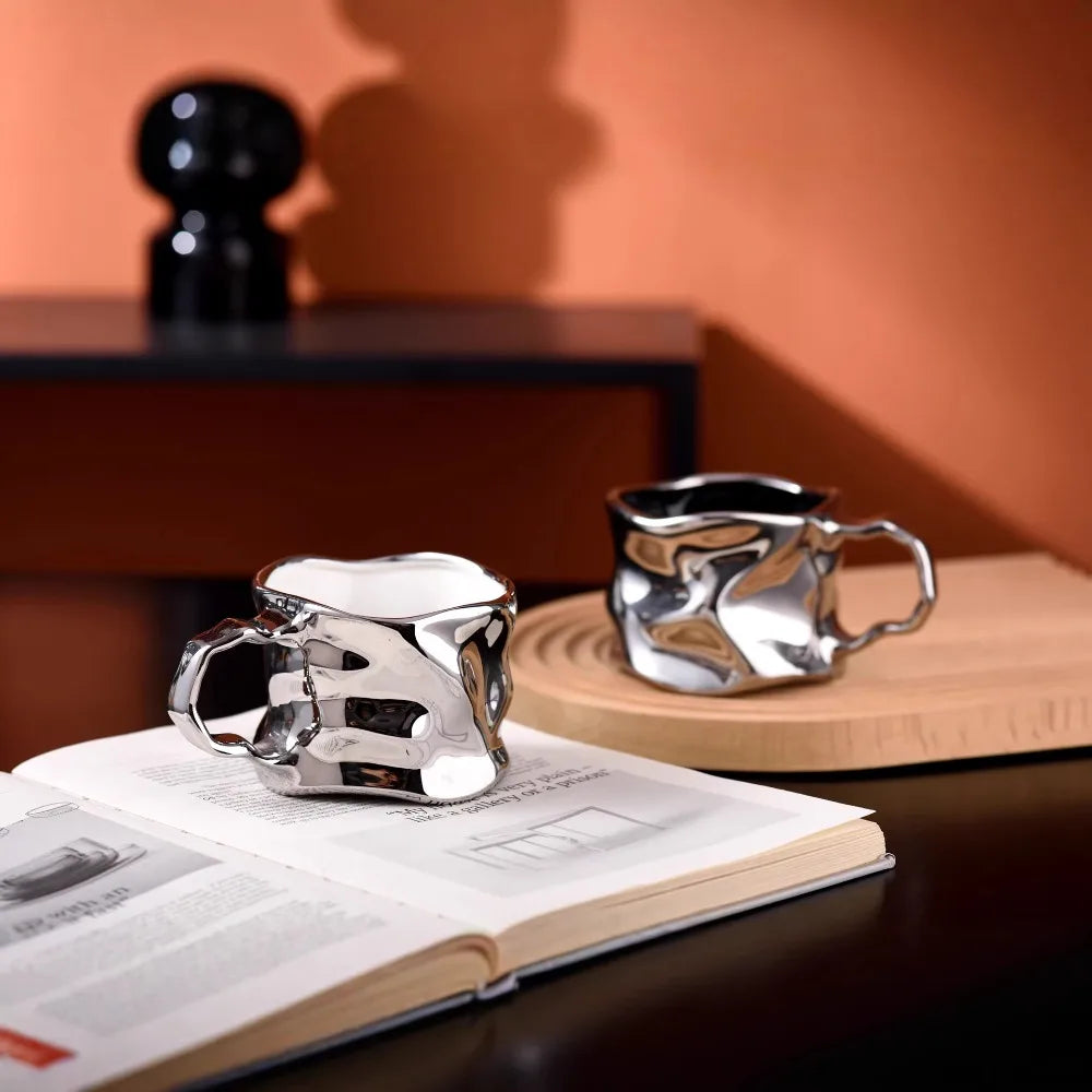 Modern Electroplated Silver Ceramic Coffee Cup Artistic Abstract