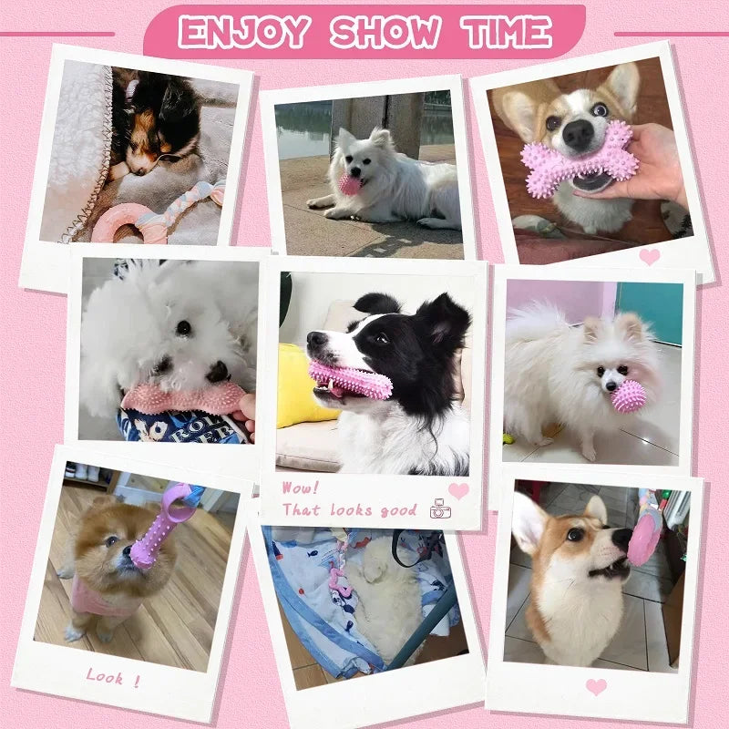 Dog Chew Toys for Cleaning Teeth Pink Soft Rubber Bone Funny Ball