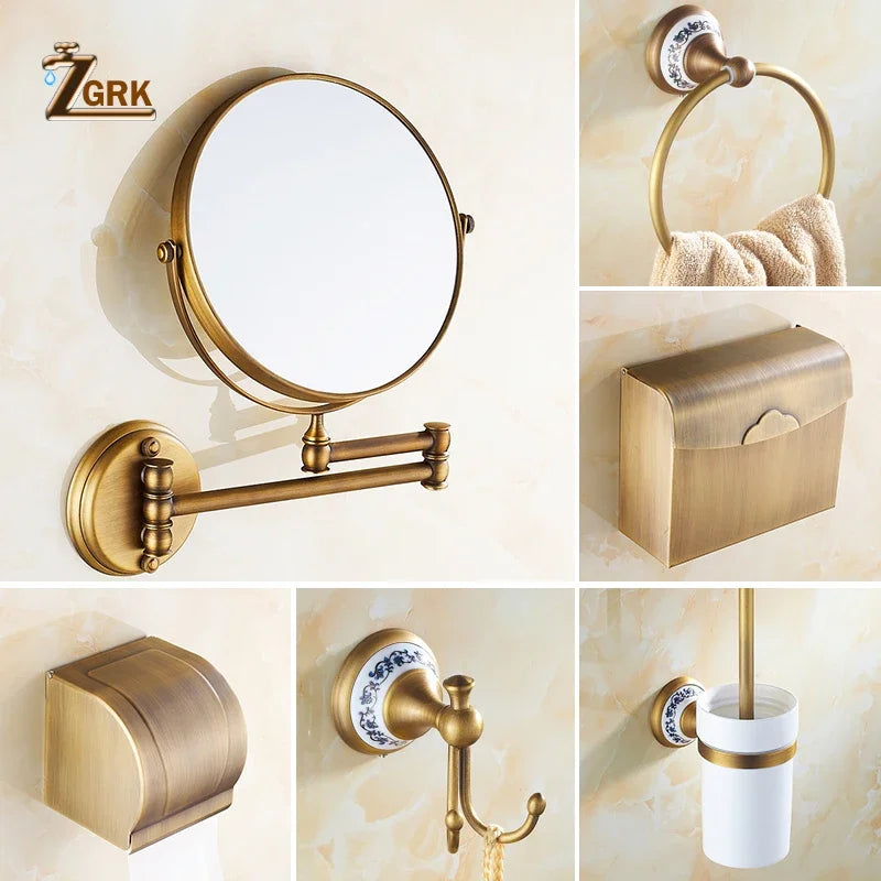 ZGRK Antique Bathroom Accessories Carved Brass Hardware Set Wall