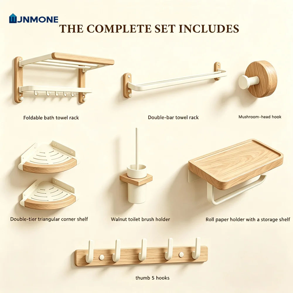 White Walnut Wood Bathroom Hardware Set Towel Rack Organizer Shelf