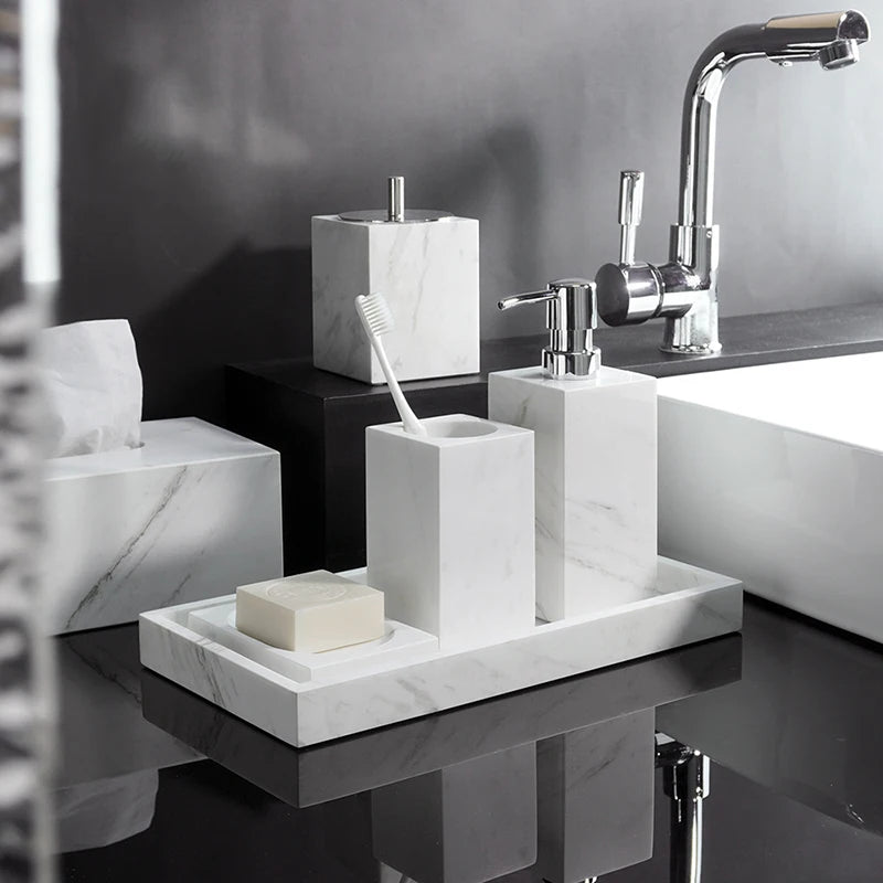 Volakos White Natural Marble Bathroom Set Soap Dispenser Soap Dish