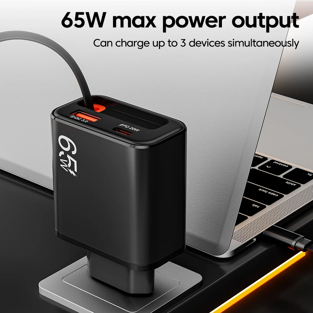65W USB Phone Charger With Retractable Super Fast Charging Type C