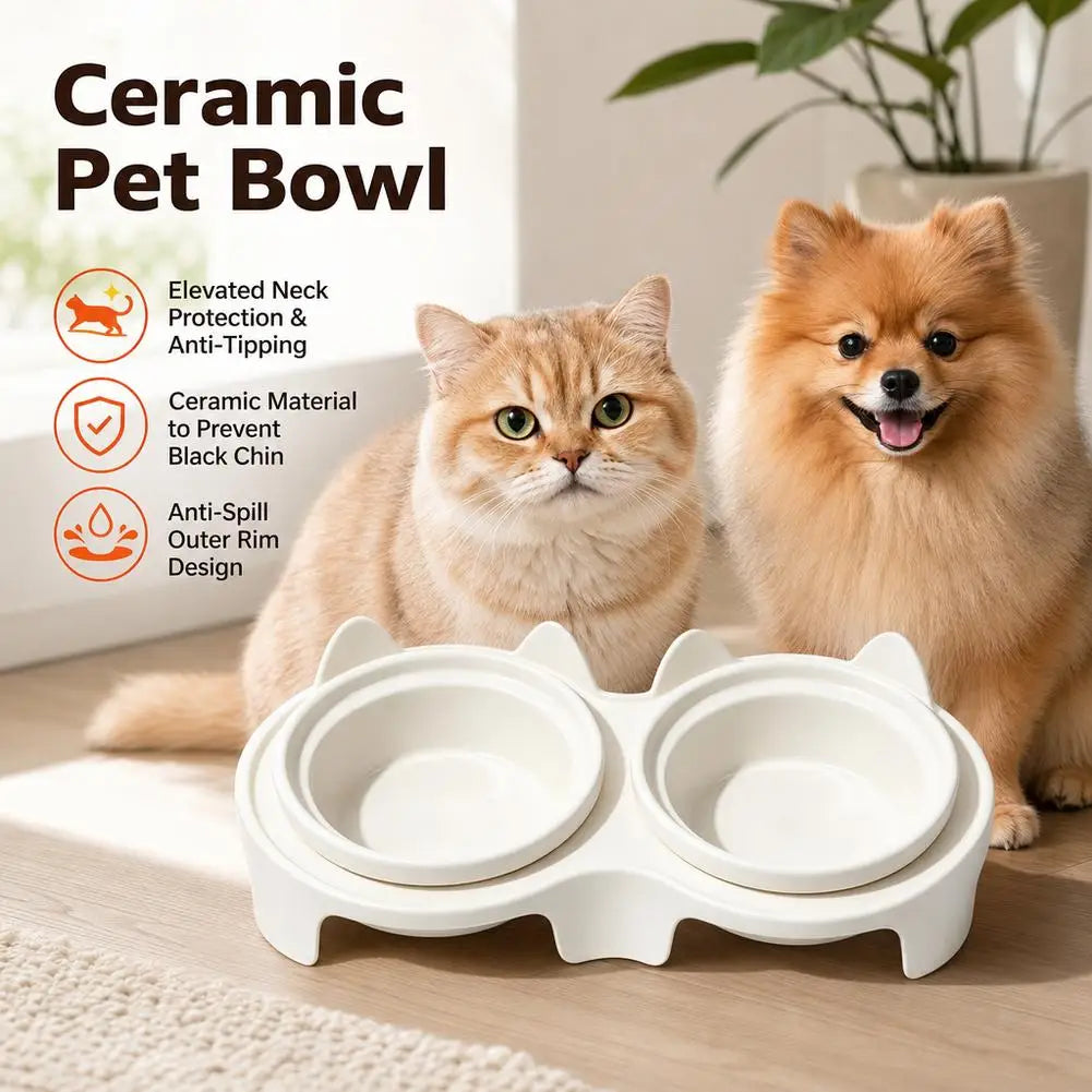 Pet Double Bowl Feeder for Dogs Cats Food Water Bowl Set Neck
