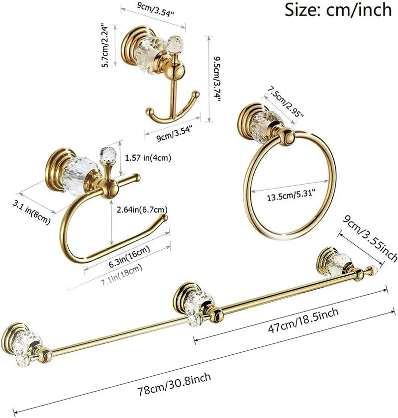 4 Pieces Gold Bathroom Accessories Sets Brass&Crystal Retractable