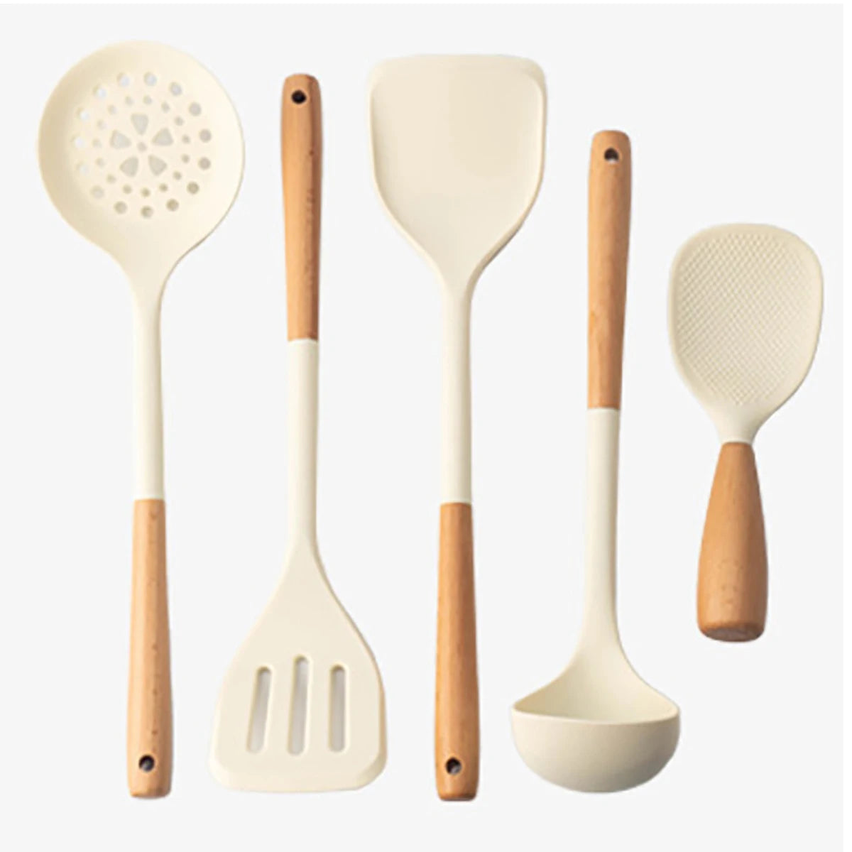 5-Piece Silicone Utensil Set, Wooden Handles