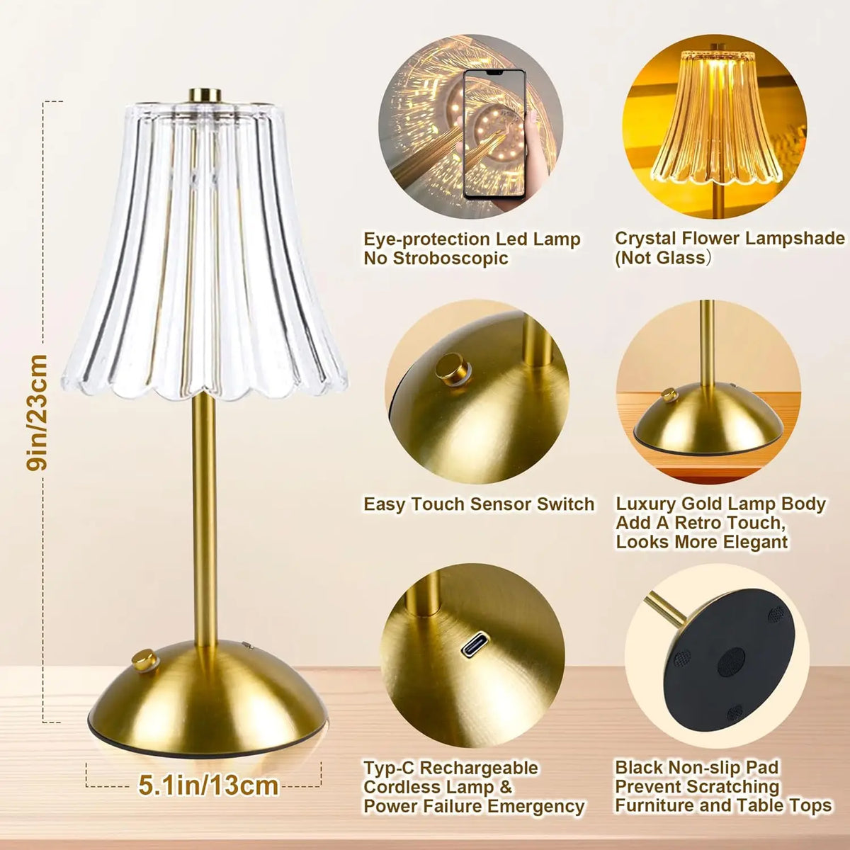 Cordless LED Table Lamp, Touch Dimming
