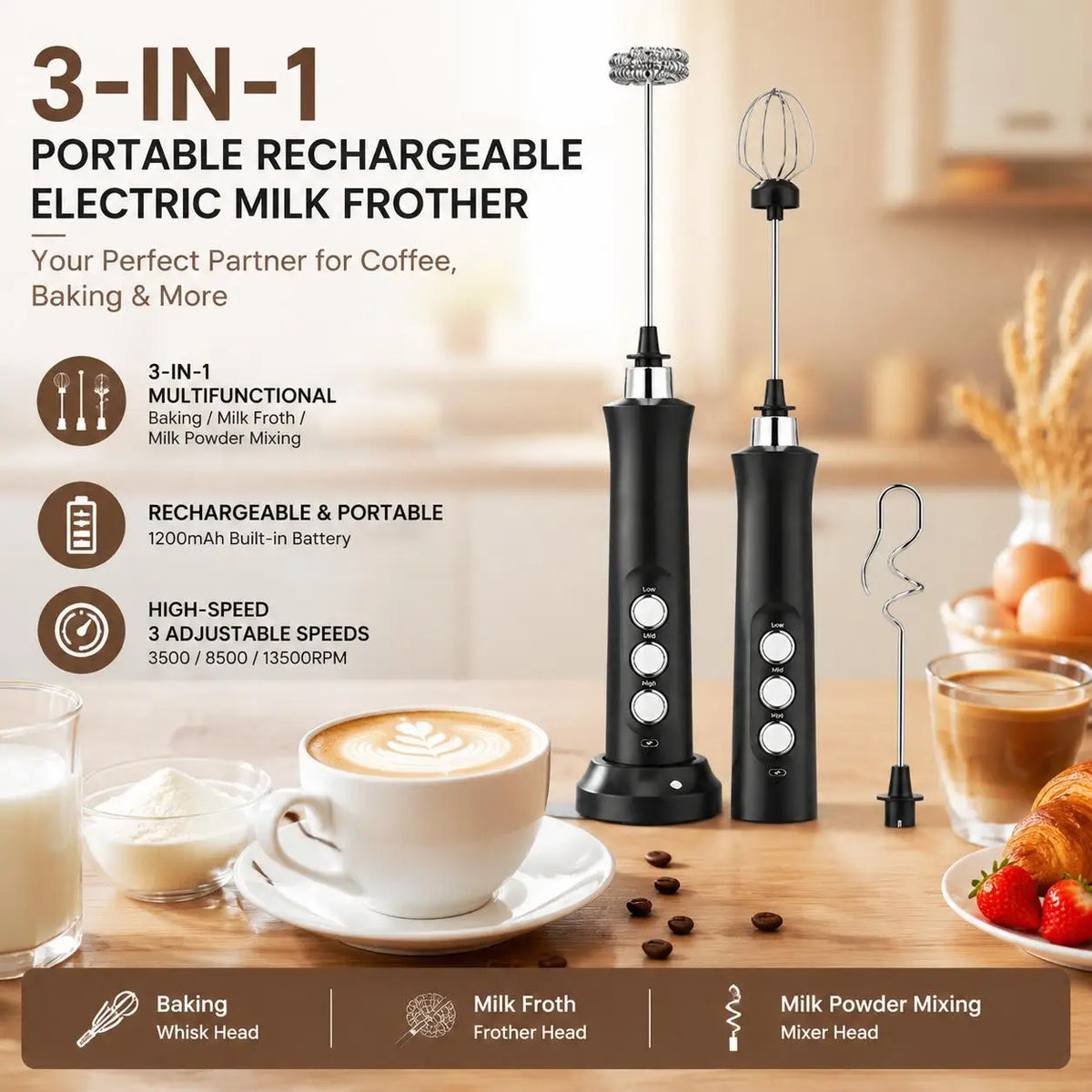 USB Rechargeable Electric Milk Frother Mini Handheld Foam Maker 3
