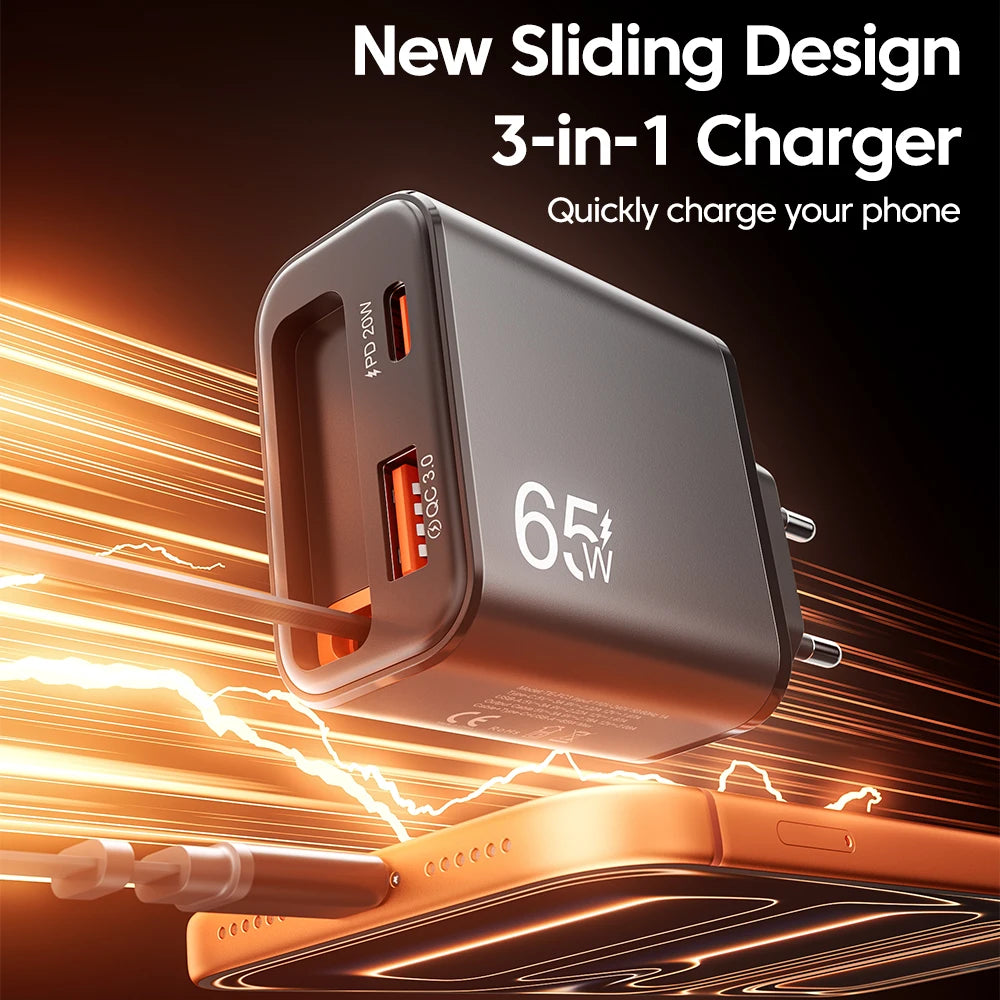 65W USB Phone Charger With Retractable Super Fast Charging Type C
