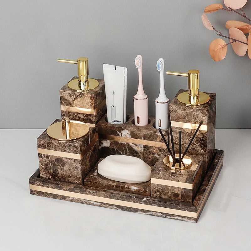 Emperador Dark Natural Marble Bathroom Set Luxury Stone Toothbrush
