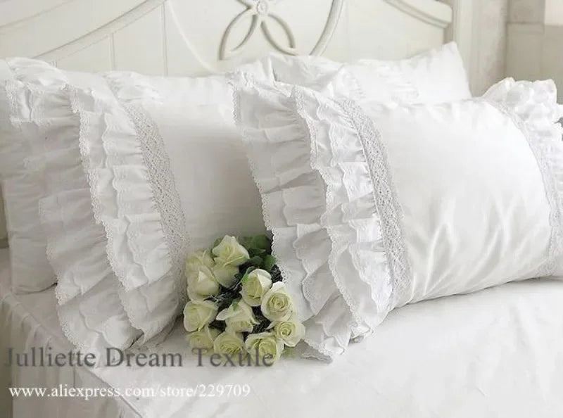 2 Pieces White Satin Lace Ruffle Pillow Case European Style Elegant Embroidered Pillowcase Luxury Bedding Pillow Cover