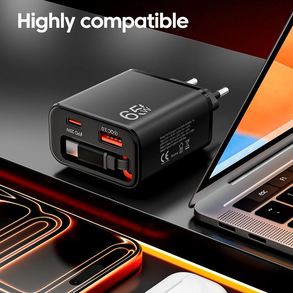 65W USB Phone Charger With Retractable Super Fast Charging Type C
