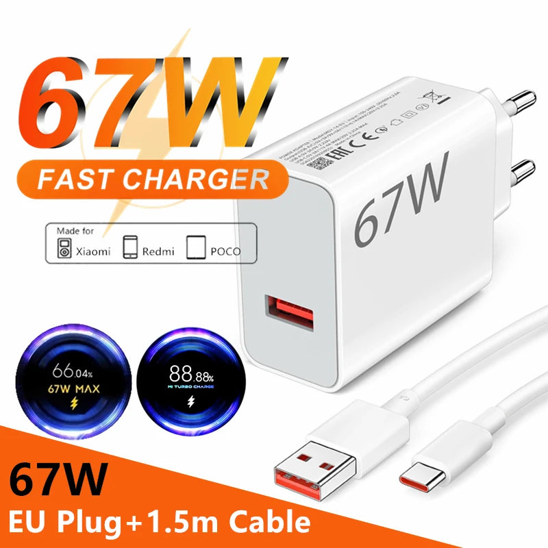 67W 6A Turbo Fast USB Charger For Xiaomi 12 13 14 15 17 Pro Redmi